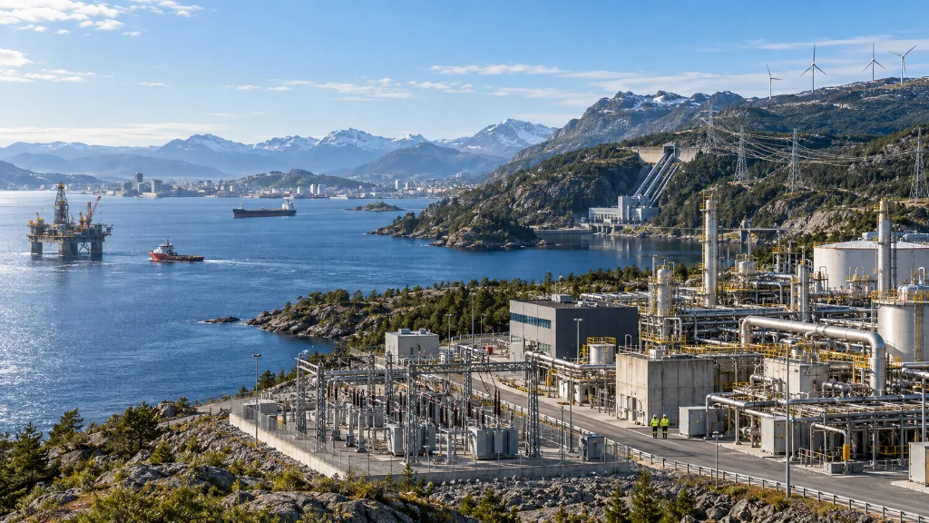 Norwegian fjord with offshore rig, hydropower, substation and process plant